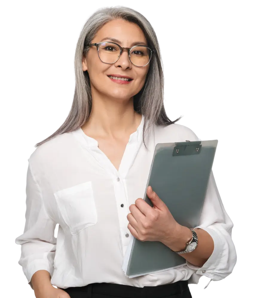 Woman wearing glasses carrying a clipboard