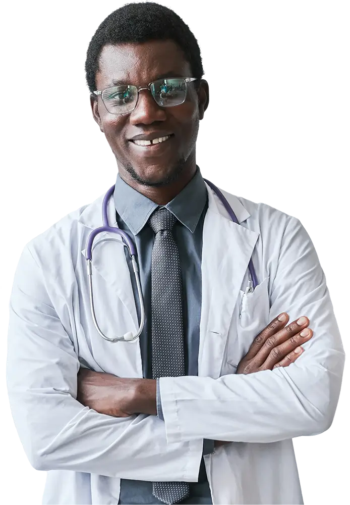 Smiling doctor with arms folded