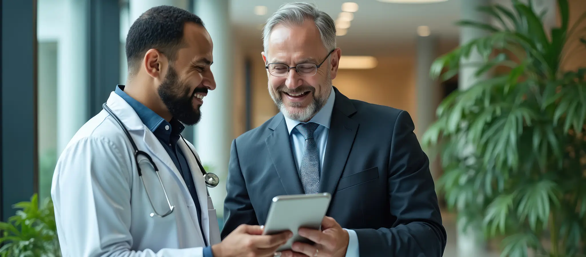 Engaging in conversation while using a tablet, showcasing a professional discussion.