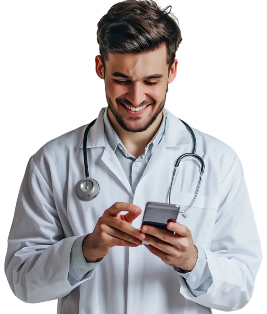 a man in a white coat and stethoscope holding a phone