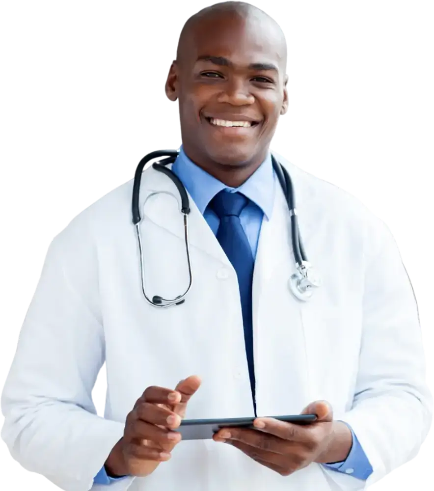 a man in a white coat and tie holding a tablet