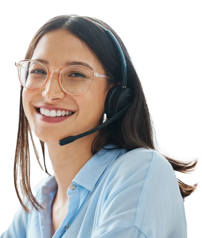 a woman wearing a headset and glasses