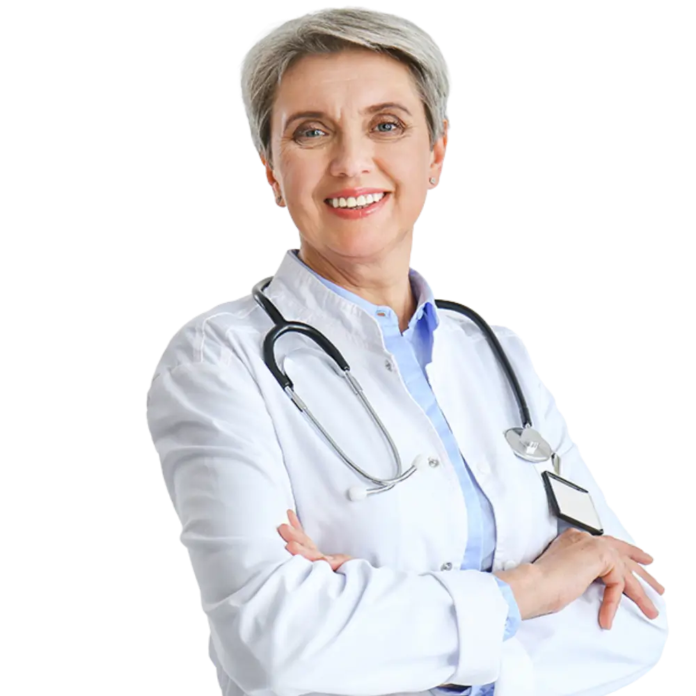 a woman in a white coat holding a tablet