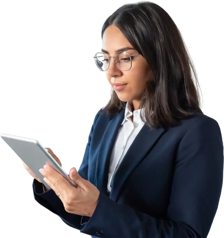 a woman in a suit holding a tablet