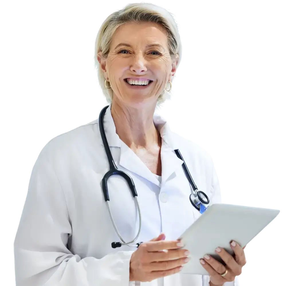 a woman in a white coat holding a tablet