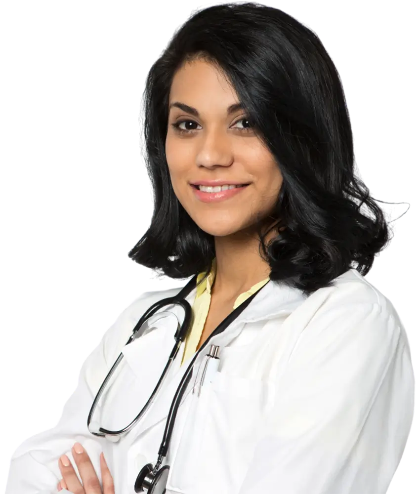 a woman with black hair wearing a white lab coat with a stethoscope around her neck